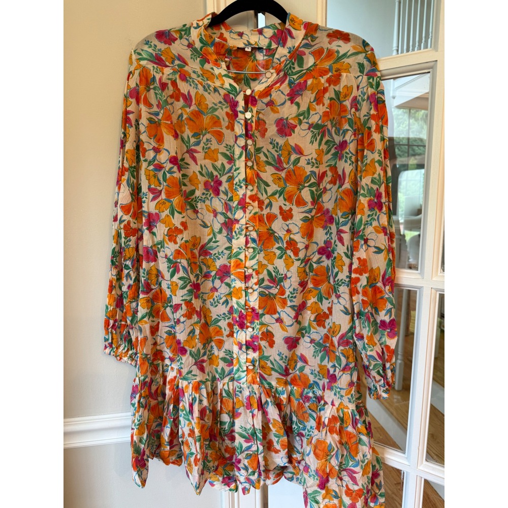 Olivaceous Floral Mini Dress Small Orange Pink Boho Ruffle Long Sleeve Button Up